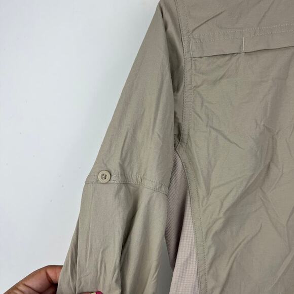 REI CO-OP tan button up longsleeve women's size Medium nylon spandex blend shirt - Picture 5 of 8